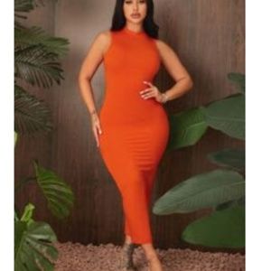 Bright Orange Bodicon Sleeveless Midi dress Casual (Small)